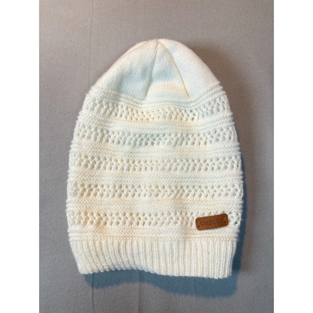 OMECHY White Knit Beanie Fleece Lined Slouchy Winter Hat Unisex One Size